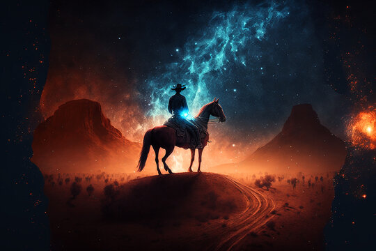 Western Cowboy riding his horse at night under the milky way galaxy. Generative AI	
