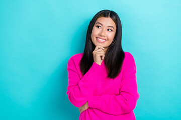 Photo of young funny cheerful brunette hair woman wear pink knit pullover touch chin dreaming look...