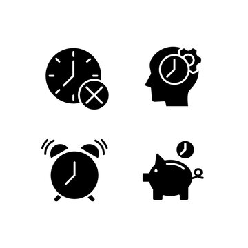 Organizing time wisely black glyph icons set on white space. Thinking process. Alarm clock. Deadline cancel. Saving money. Silhouette symbols. Solid pictogram pack. Vector isolated illustration
