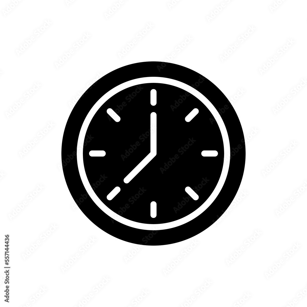 Poster clock face black glyph icon. displaying time. showing hours and minutes. timekeeping tool. clock dia