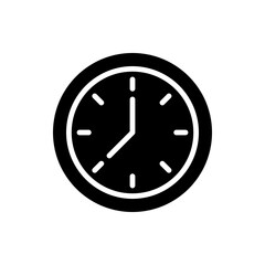 Clock face black glyph icon. Displaying time. Showing hours and minutes. Timekeeping tool. Clock dial. Timepiece. Silhouette symbol on white space. Solid pictogram. Vector isolated illustration