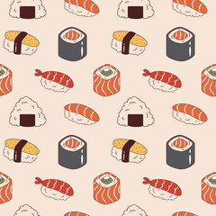 Vector seamless pattern with sushi and onigiri. Background with sake sushi, ebi nigiri, philadelphia and maki sushi roll. Asian food.