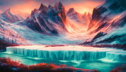 Fototapeta na wymiar A stunning painting of a frozen waterfall in a snowy mountain range. The image captures the icy beauty of winter and conveys a sense of solitude. Generative AI