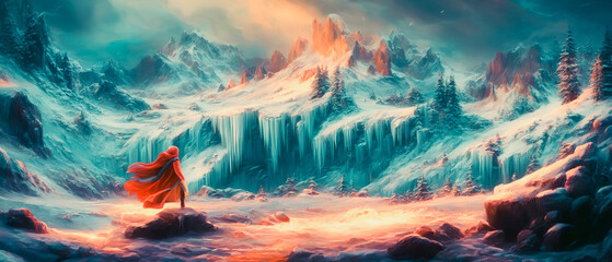 Fototapeta na wymiar A stunning painting of a frozen waterfall in a snowy mountain range. The image captures the icy beauty of winter and conveys a sense of solitude. Generative AI