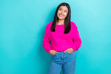 Photo of young charming positive japanese lady wear pink knit pullover hands pockets look empty...