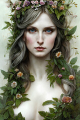 portrait of a woman dryad with a wreath of flowers, created with generative ai - obrazy, fototapety, plakaty