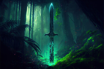 A magic glowing horror sword in front of a dark rain brilliant colour forest.Concept Art Scenery. Book Illustration. Video Game Scene. Serious Digital Painting. CG Artwork Background. Generative AI
- 557145426