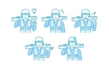 Young asian carpenter vector illustration set