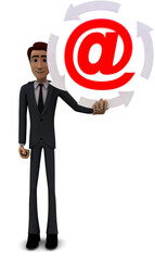 3d man holding four arrows in circular shape and email icon inside it concept