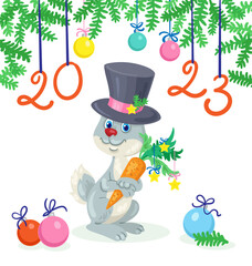 Funny rabbit in a black top hat with a big decorated carrot under the Christmas tree - a symbol of the new year 2023. Postcard in cartoon style. Isolated on white background. Vector illustration
