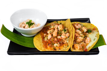 La Viga tacos with shrimps and mexican sauces
