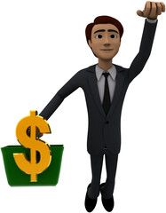 3d man holding a basket- a dollar sign in it and flying upwards concept