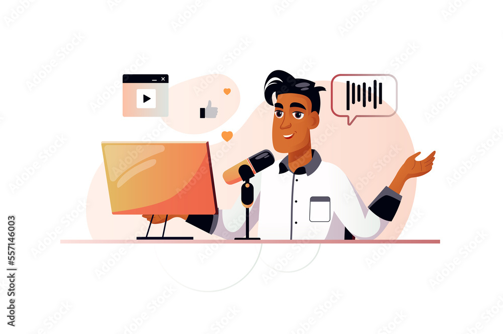Poster podcast streaming orange concept with people scene in the flat cartoon design. man records a podcast