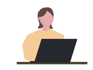 パソコン作業をする若い女性。ベクターイラスト
