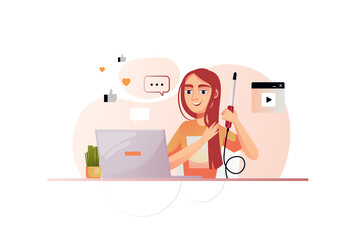 Video blogging orange concept with people scene in the flat cartoon design. Blogger tells in her new video how to do hair correctly.