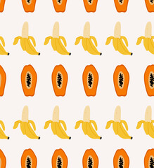 Seamless pattern of banana, papaya. Concept of valentine's day, romance, good moments, love, sweet food, fruits.