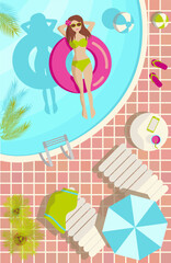Vertical summer vacation illustration with a girl in bikini  and pool vector