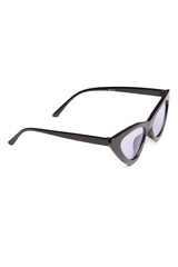 Close-up shot of cat eye sunglasses with purple lenses. Sunglasses with wide temples and a black frame are isolated on a white background. Side view.