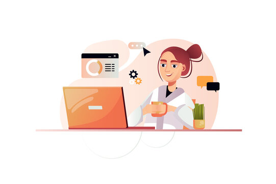 Orange concept Freelance with people scene in the flat cartoon style. Girl with a cup of tea works at home on a laptop.