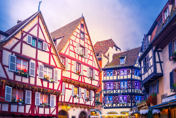 Colmar, Christmas city in Alsace, France. Charming Rue des Marchands.