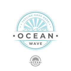 Ocean wave logo with sunshine icon, wave logo emblem circle with sunlight icon