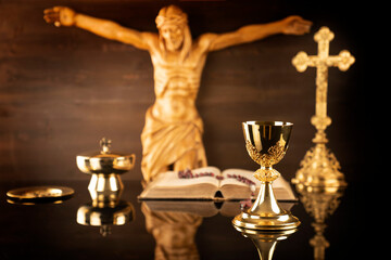 Catholic religion concept. Catholic symbols composition: cruciefied Jesus figure, The Cross,...
