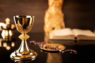 Catholic religion concept. Catholic symbols composition: cruciefied Jesus figure, The Cross,...