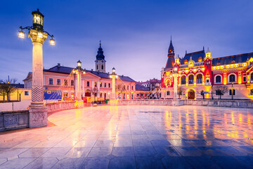 Oradea, Romania - Beautiful night scene with Union Square, Christmas decorated.