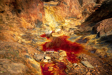 Fototapeta na wymiar Source of the Rio Tinto in Huelva, Spain, with its characteristic red waters due to the iron dissolved in them