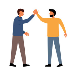 Two man informal greeting in flat design on white background. Friends high five greeting.