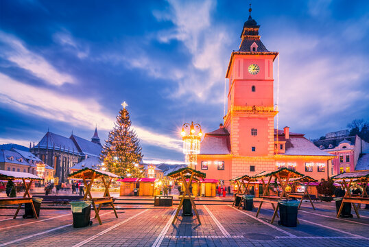 Brasov, Romania. Winter landscape with Christmas Market, beautiful Transylvania.