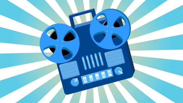 Retro audio music tape recorder old vintage with magnetic film reels hipster for geeks from the 70s, 80s, 90s against the background of blue rays. Video in high quality 4k, motion design