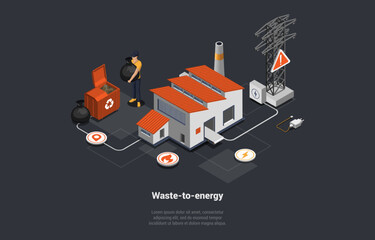 Zero Waste, Recycling Garbage Into Energy, Rubbish Separation Concept. Worker Collecting, Sorting Garbage. Junk Recycling At Waste Recycling Factory Or Plant. Isometric 3d Cartoon Vector Illustration