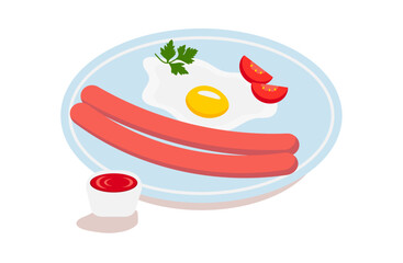 A dish of fried eggs with sausages, tomatoes and ketchup. Flat style vector