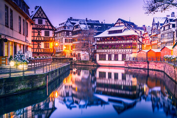 Strasbourg, Alsace, France - Petit France twilight water reflection.