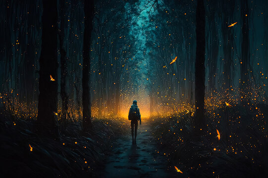 Generative AI. An amazing picture of the mystery person in the night forest. Deep and calm night concept.