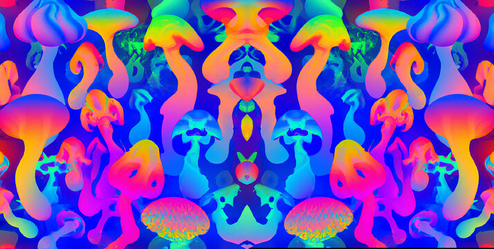 serie di colorati funghi psichedelici con colori vibranti ispirati agli anni 60 creato con intelligenza artificiale, AI