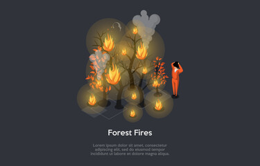Concept Of Forest Fire, Natural Disaster, Bushfire Catastrophe, Climate Change. Wildfire Specifically Identified as Desert Fire. Shocked Man Holding His Head. Isometric 3d Cartoon Vector Illustration