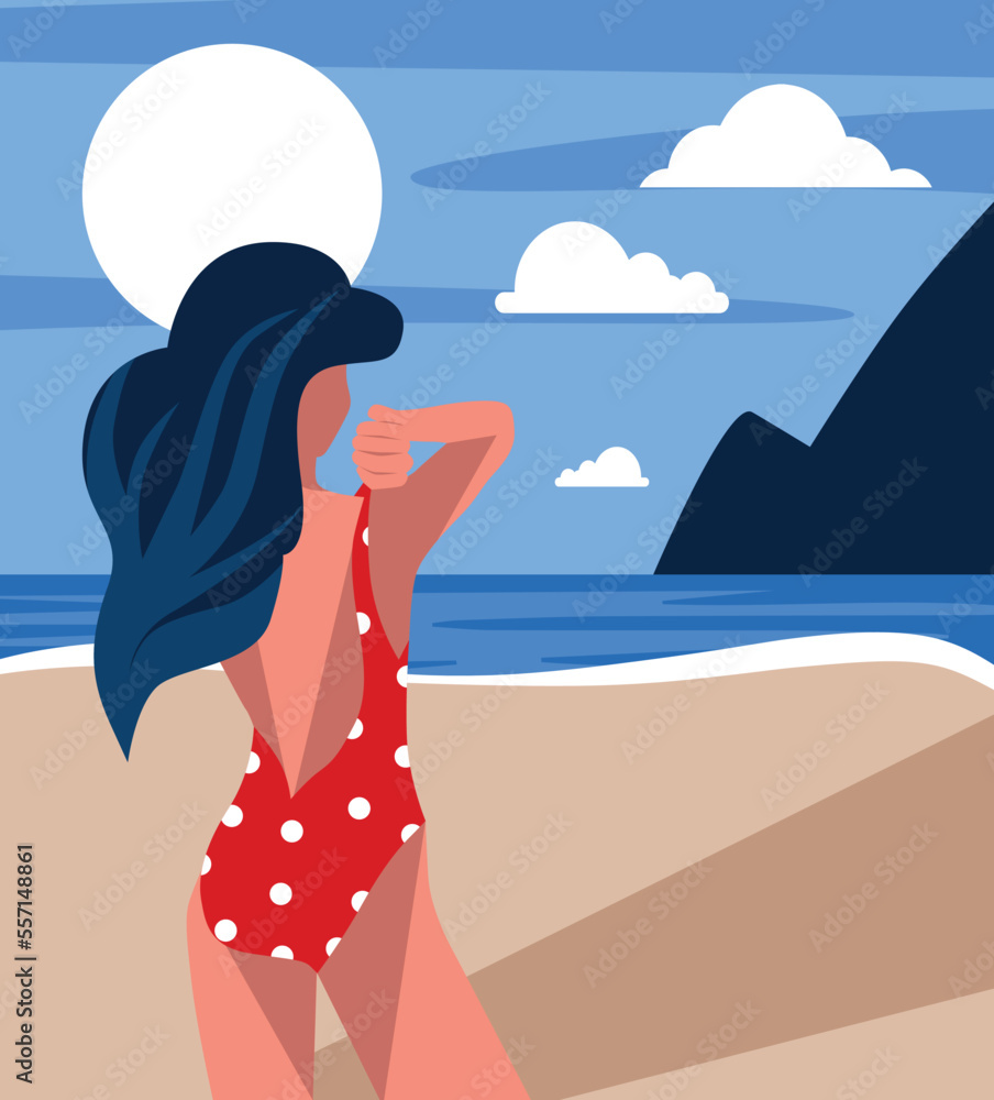 Poster vector illustration graphics girl on the beach on vacation sea mountains