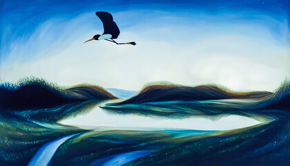 This abstract painting captures the beauty and majesty of a stork, with bold strokes and vibrant colors that draw the viewer in. Generative AI