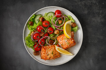 Baked Salmon with green fresh vegetable salad, tomatoes cherry, onion on ceramic plate. Concept keto diet healthy food. Dinner idea.