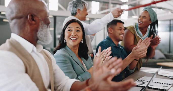 Handshake, success or happy business people in meeting for celebration of partnership deal or kpi goals. Target, team work or excited employees celebrate with a group selfie or high five in office