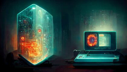 Modern concept of a futuristic and retro computer in a room desing illustration