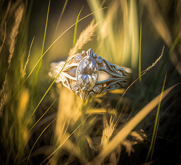 Beautiful silver Diamond Ring in tall grass
