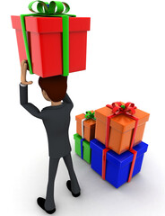 3d man holding gift on head and with many other gifts concept