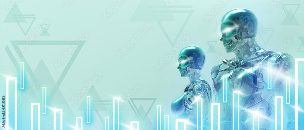 Poster artificial intelligence robot with metaverse technology connectivity in business and financial trans