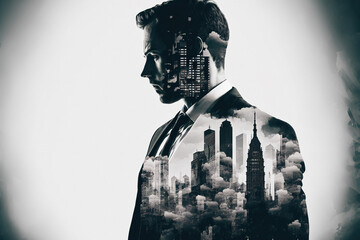 Double exposure of a man's face, a businessman in a suit and city buildings in the background, Generative AI