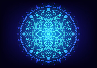 Mandala flower circle center light blue neon background