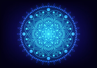 Mandala flower circle center light blue neon background