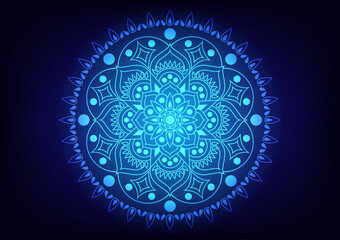 Mandala flower circle center light blue neon background